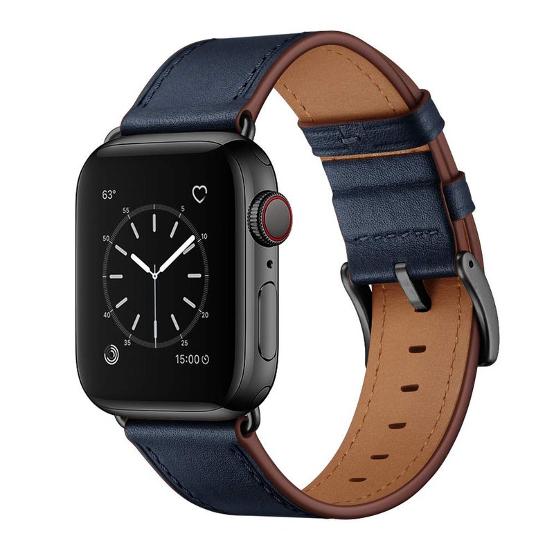 OUHENG Leather Bands Compatible with Apple Watch Band 49mm/46mm/45mm/44mm/42mm, Genuine Leather Strap for iWatch Series 11/10/9/8/7/6/5/4/3/2/1 & Ultra 3/2/1 & SE3 SE2 SE, Dark Blue/Black - Image 1